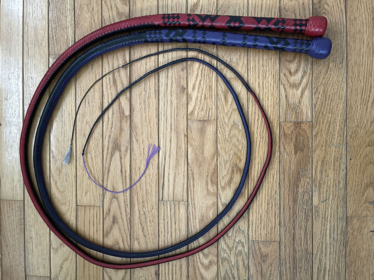 Another pic of the pair of 7ft 16 plait H sigs, aka bullwhips with integrated falls.