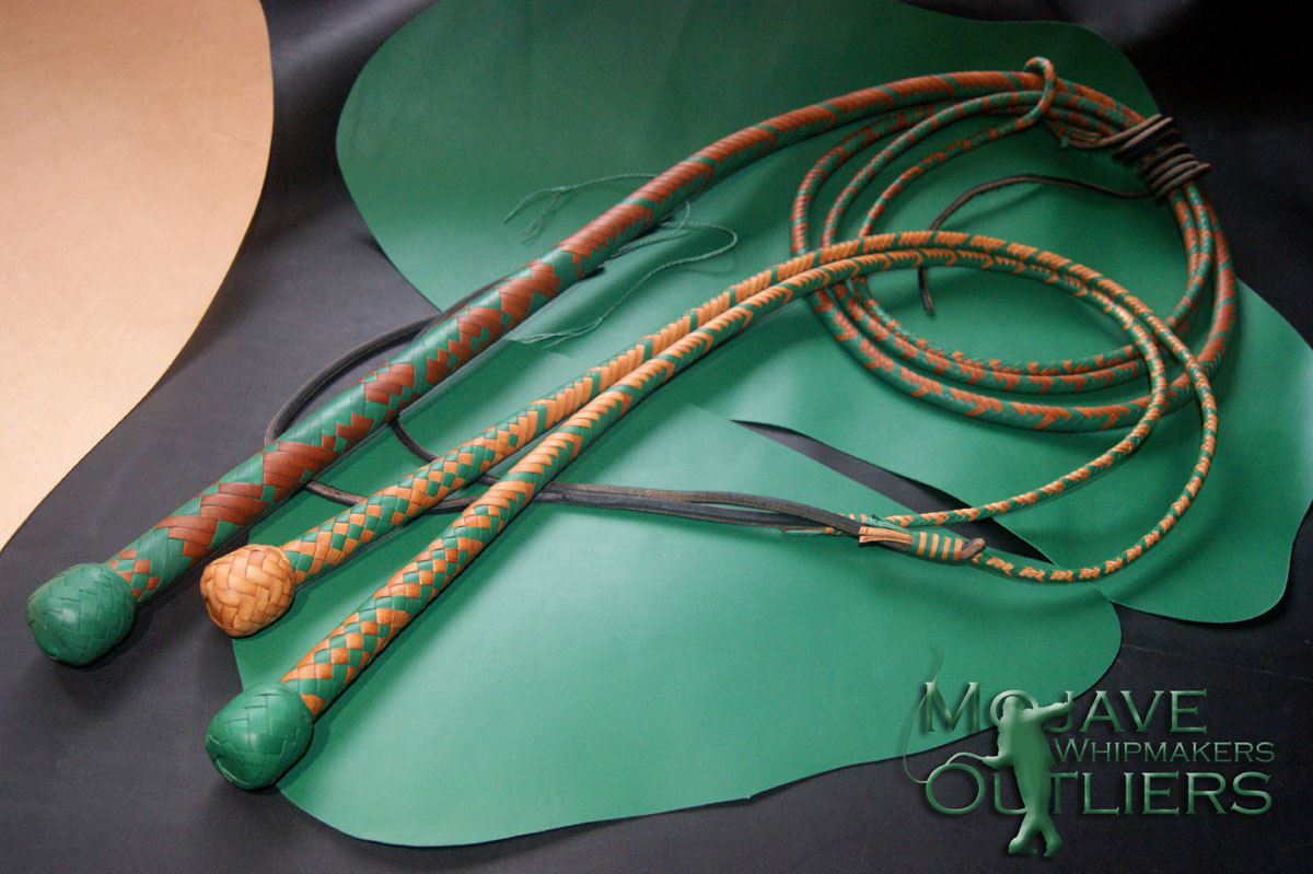 A 10ft 16 plait American bullwhip (shot loaded) in green and saddle tan kangaroo leather (shown with a pair of 3ft 12 plait BB mini snake whips).